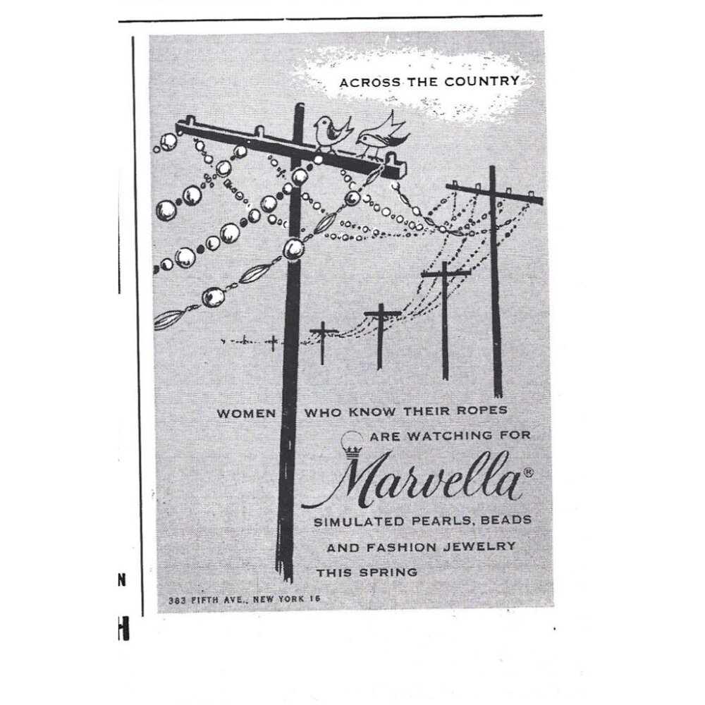Marvella Simulated Pearl Beads Fashion Jewelry Birds 1950s Vintage Print Ad